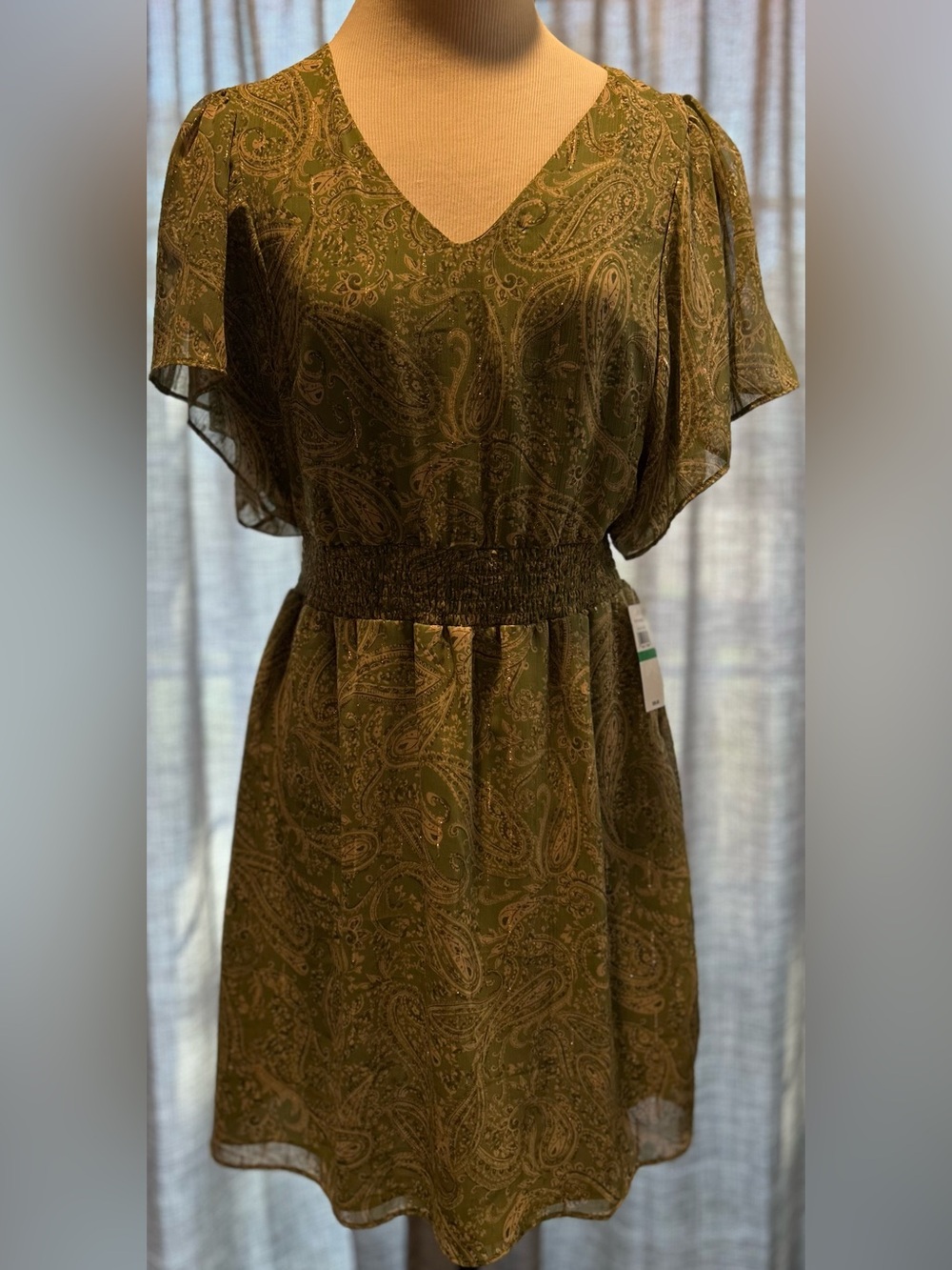 CeCe Olive Paisley V-Neck Smocked-Waist Midi Dress
